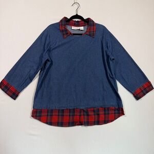 Country Store Denim Top Womens XL Blue Cotton Plaid Faux Layer Granolachic